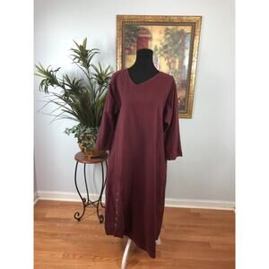 Women's Shift Dress Burgundy Solid Long Sleeve Button Detail Mod-Revival Comfy L
